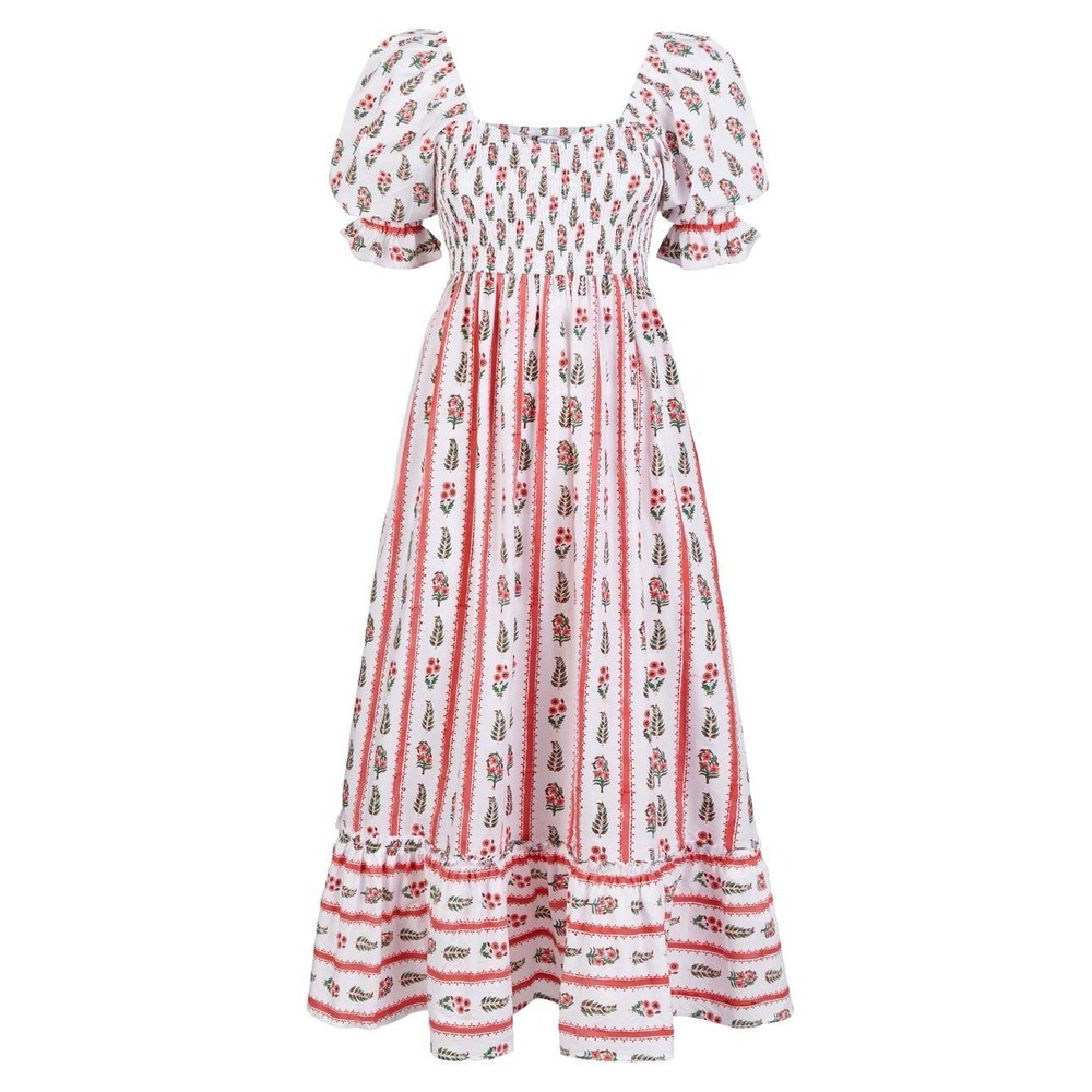Pink City Prints Cindy Sweetheart Dress Pink Smocked Cotton Midi Size L
